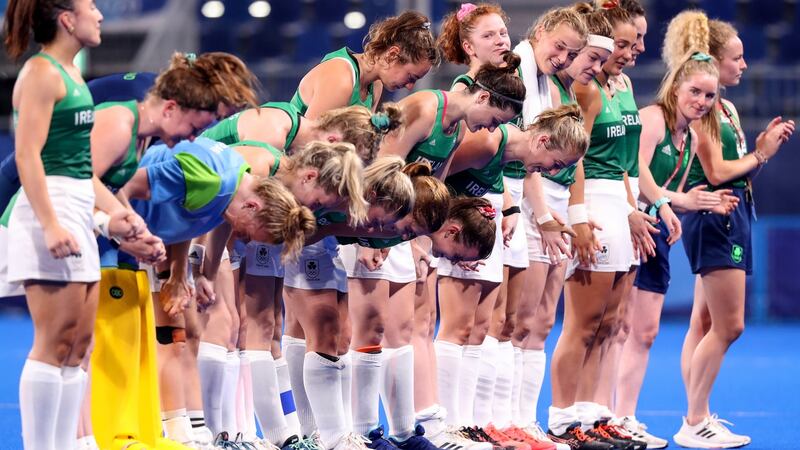 Ireland’s players take a bow to thanks staff and supporters after their game against Britain at the Olympic Games in Tokyo. Photograph: Bryan Keane/Inpho