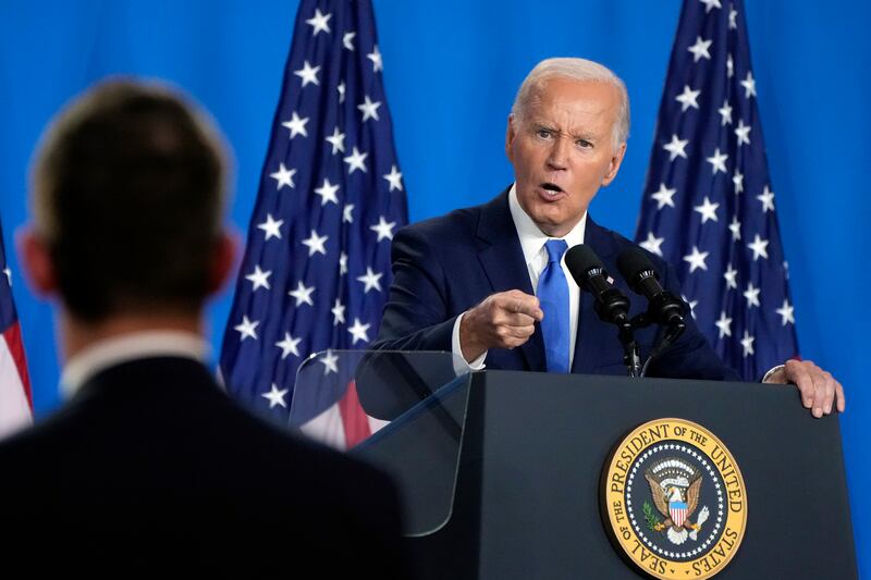 US president Joe Biden gives a press conference at the Nato summit in Washington on Thursday. Photograph: Jacquelyn Martin/AP