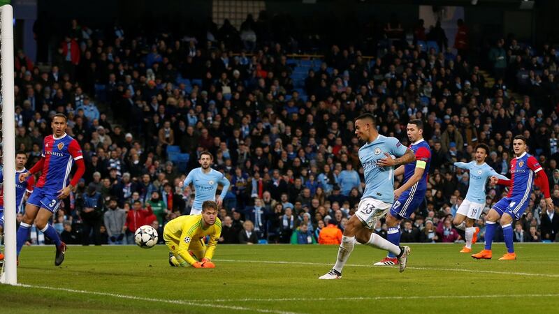 Manchester City’s Gabriel Jesus scores the first goal of the Champions League Round of 16 second leg against FC Basel at Etihad Stadium. Photograph: Andrew Yates/Reuters