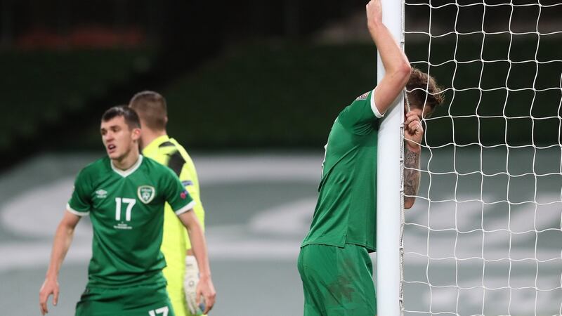 James Collins reacts to a missed chance against Bulgaria. Photograph:  Brian Lawless/PA