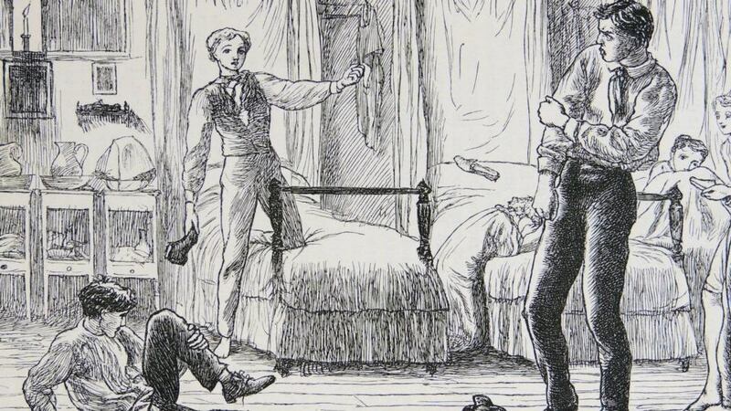 An illustration from the 1869 edition of Tom Brown’s Schooldays by Thomas Hughes: on Arthur’s first night at Rugby, Tom defends him from the bully who has thrown a slipper at him as he says his prayers. Photograph: Universal History Archive/UIG via Getty Images