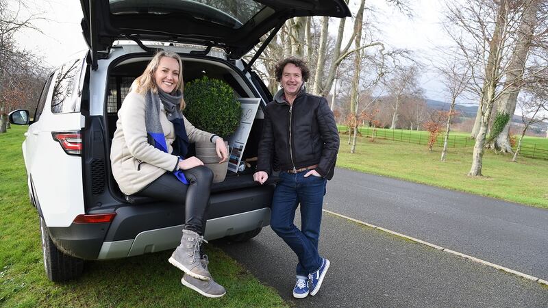 Liz Dwyer and Diarmuid Gavin with Diarmuid's Land Rover Discovery Commercial