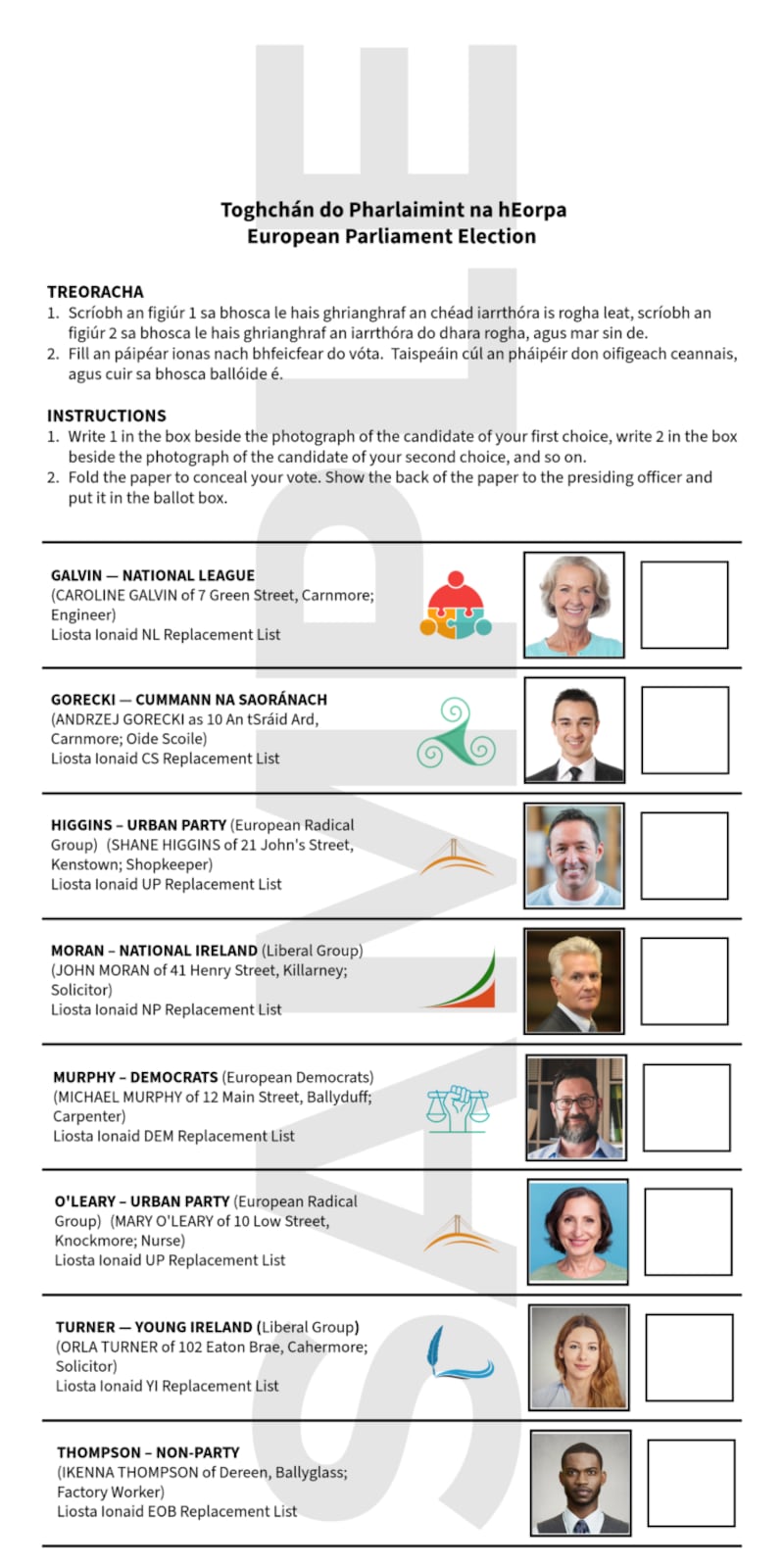 A sample ballot paper published by An Coimisiún Toghcháin