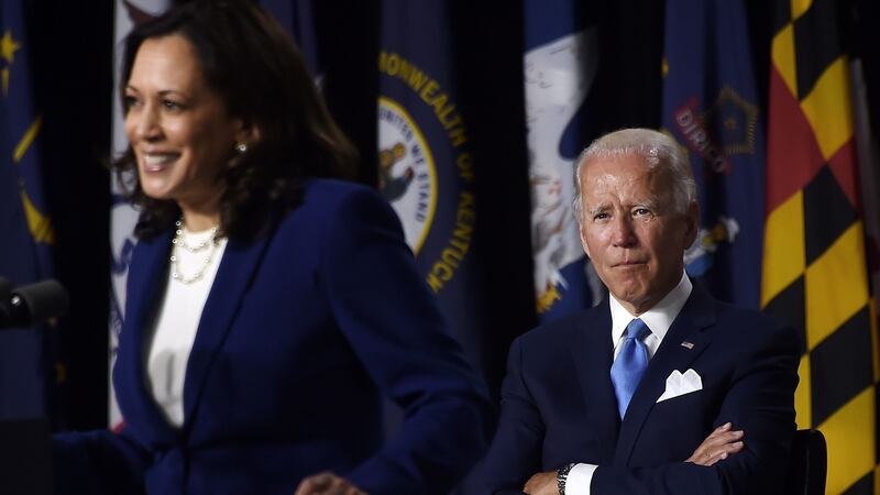 Joe Biden looks on as his new running mate Kamala Harris speaks in Wilmington, Delaware, last week. Photograph:  Olivier Douliery/AFP via Getty Images