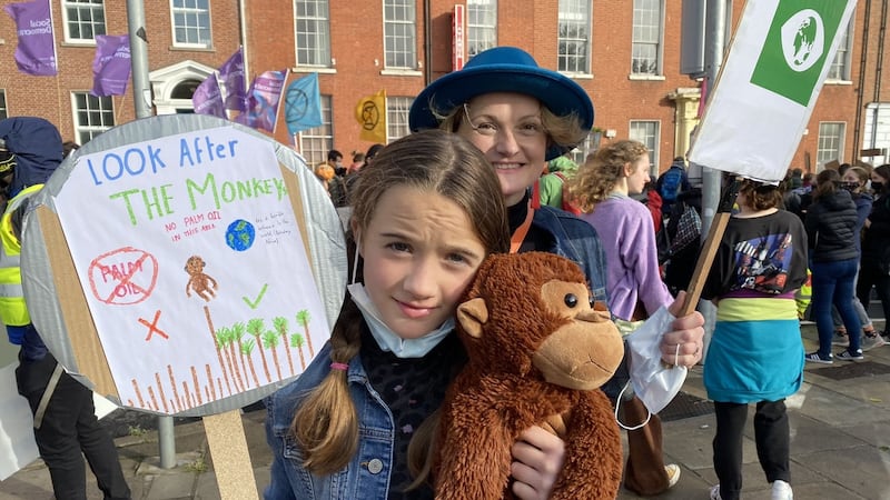 Emily Nichols (12), with her mother Susan Rossney, at the  protest in Dublin. Photograph: Jack Power