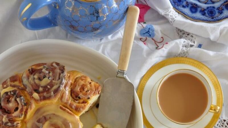 Rhubarb swirl buns with a custard glaze