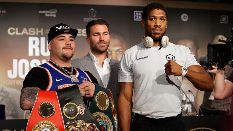 Andy Ruiz Jr and Anthony Joshua will meet in a rematch in Saudi Arabia on Saturday night. Photograph: Richard Heathcote/Getty