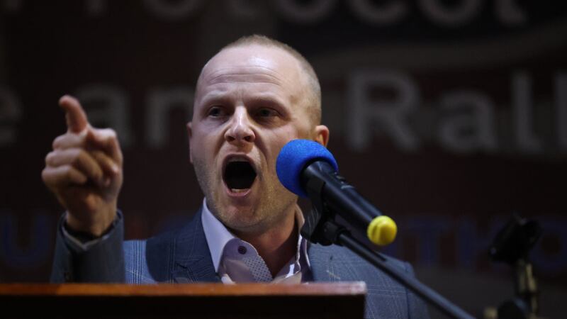 Loyalist blogger Jamie Bryson speaks during a rally against the  Northern Ireland Protocol  organised by the North Antrim Amalgamated Orange Committee, in Ballymoney, Co Antrim, on Friday night. Photograph: Liam McBurney/PA Wire