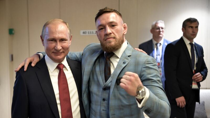 Russian President Vladimir Putin and MMA fighter Conor McGregor at the World Cup final in Moscow. Photograph: Sputnik/Alexei Nikolsky/Kremlin.