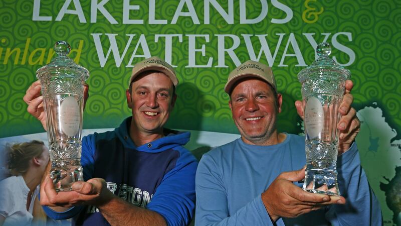 World Pairs Coarse Championship winners Michael Buchwalder and Rod Scott display the famous Galway crystal trophies.