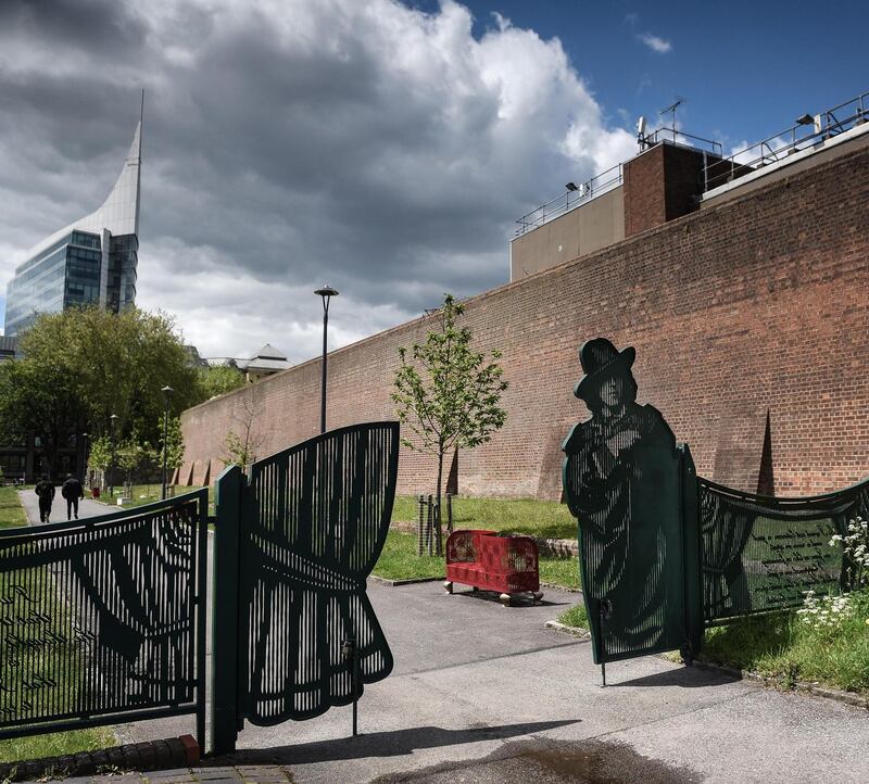 Reading Gaol: the Oscar Wilde gate outside the perimeter wall of the Victorian prison. Photograph: Mary Turner/New York Times