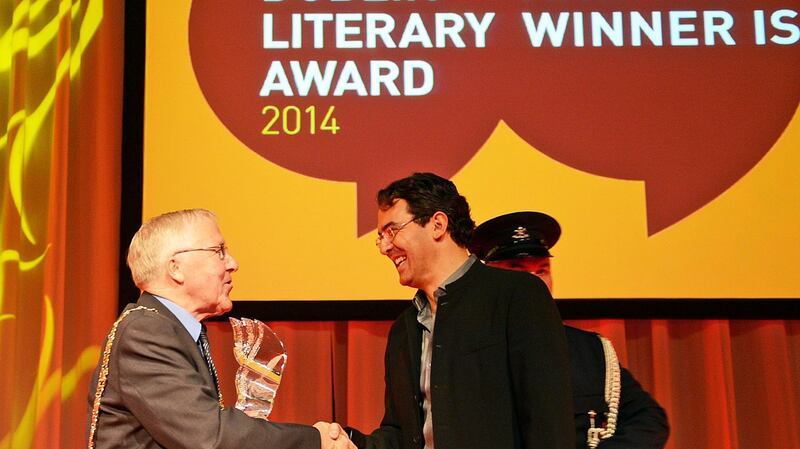 Lord Mayor of Dublin Christy Burke with Colombian author Juan Gabriel Vásquez whose novel The Sound of Things Falling, translated by Anne McLean, won the 2014 award. Photograph: Eric Luke