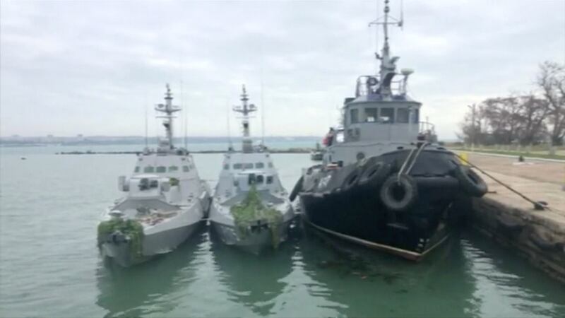 Ukrainian ships detained in Kerch Strait on Sunday are seen at a dock  in this still image from video released by the Russian Federal Security Service.