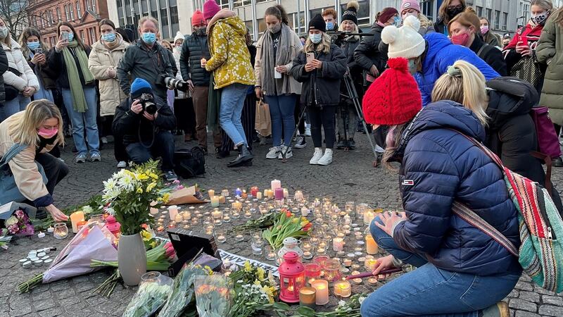 Hundreds of people attend a vigil in memory of Ashling Murphy in Belfast. Photograph: Jonathan McCambridge /PA Wire