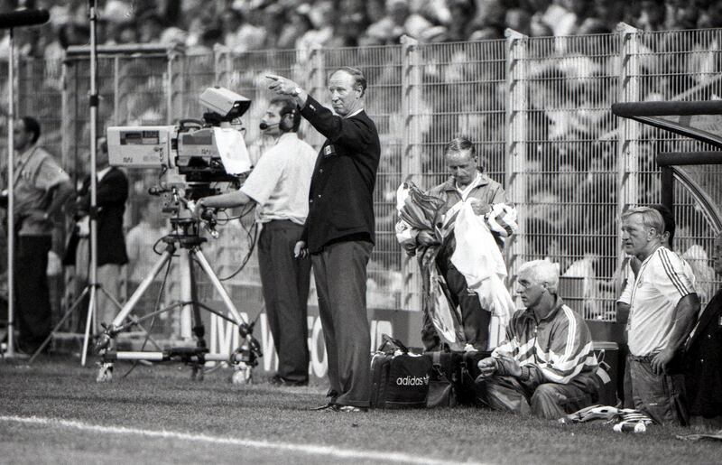 Manager Jack Charlton and Charlie O'Leary at the Republic of Ireland vs Netherlands game at the 1990 FIFA World Cup. Photograph: Billy Stickland/Inpho