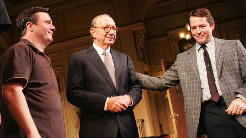The Odd Couple: Neil Simon (centre) with Nathan Lane and Matthew Broderick, stars of a a 2005 Broadway revival of Simon’s play. Photograph: Paul Hawthorne/Getty