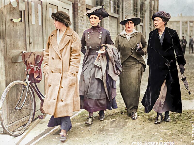 Furthest to the right is Hanna Sheehy- Skeffington as she arrives at Richmond Barracks, Dublin, in June 1916, for the court martial of Captain John Bowen-Colthurst, who murdered her husband, Francis Sheehy-Skeffington, in April 1916. Also in the picture (left to right) are Meg Connery, Sheehy-Skeffington’s sisters Mary Sheehy Kettle and Kathleen Cruise O’Brien