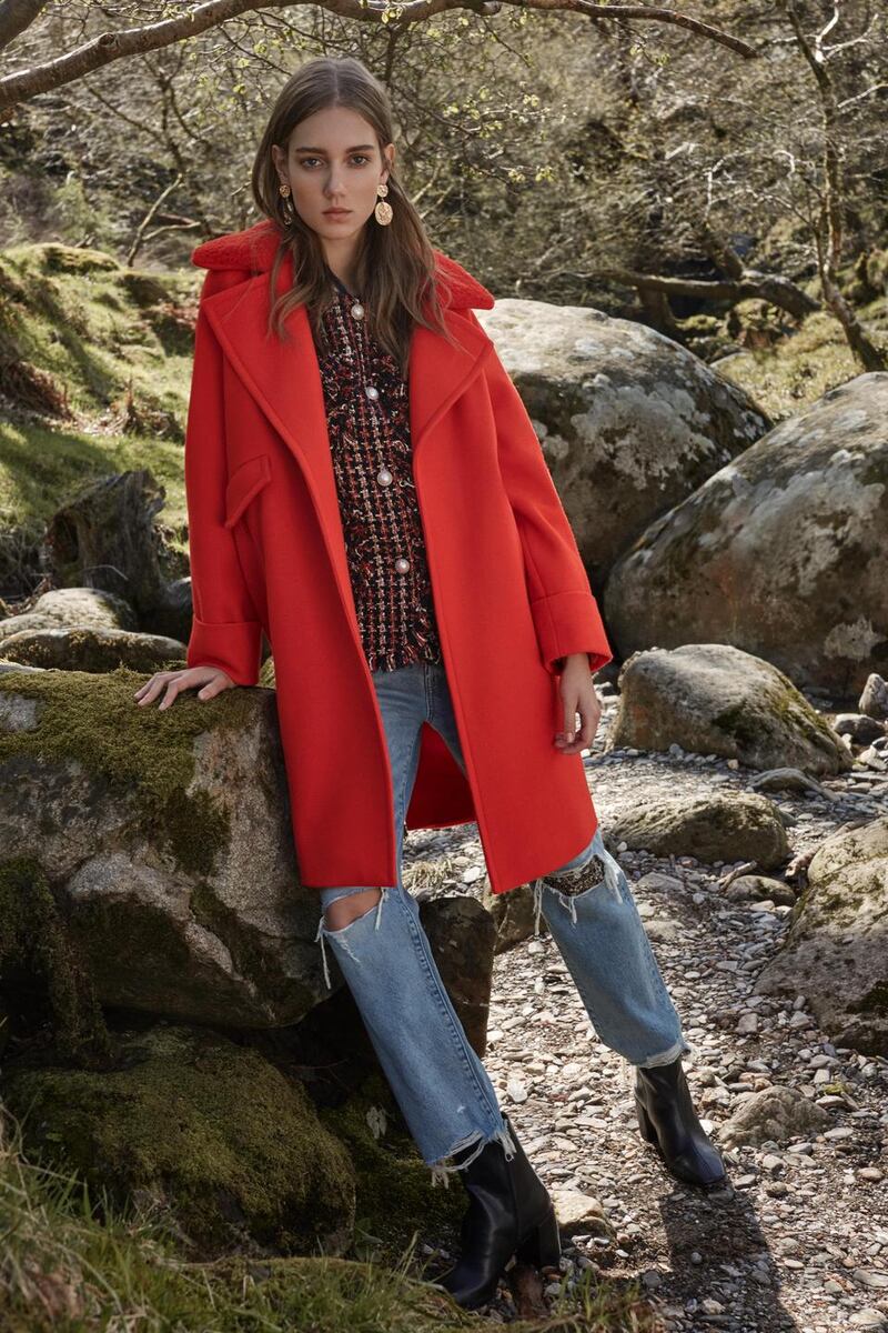 Red coat €45, blazer €30, jeans €23, boots €19.