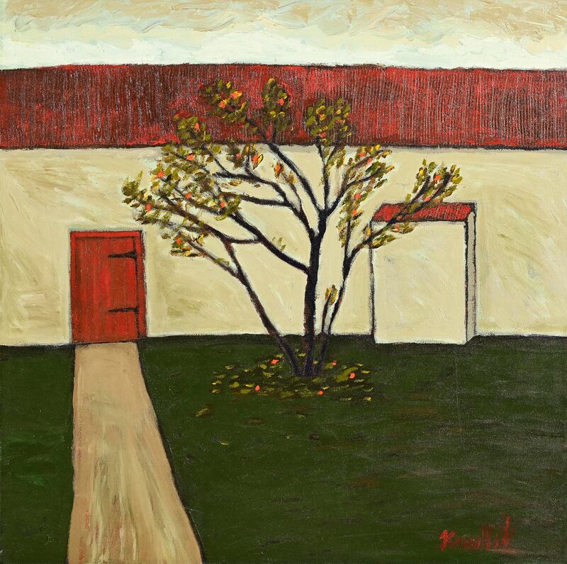 Lot 70: Cottage with red door and tree, by Graham Knuttel, Morgan O'Driscoll's Irish art online auction (€1,500-€2,500)