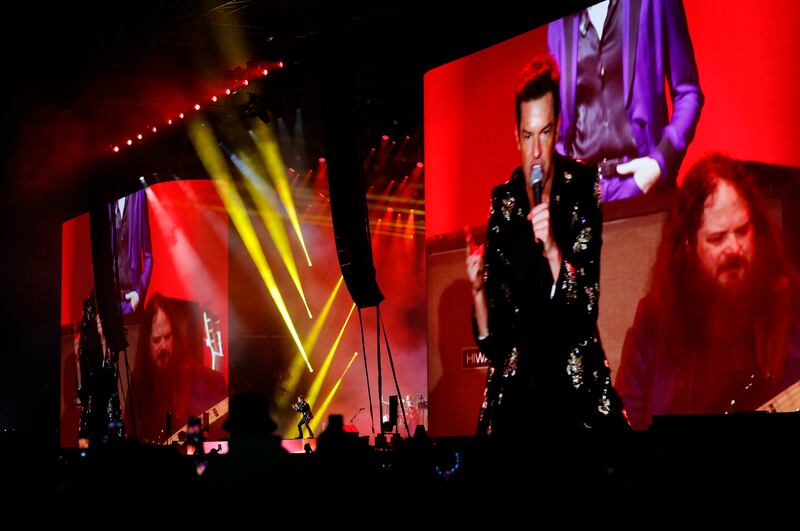 Brandon Flowers, lead singer with The Killers, performing on the Main Stage on Sunday to close Electric Picnic 2023. Photograph: Alan Betson/The Irish Times
