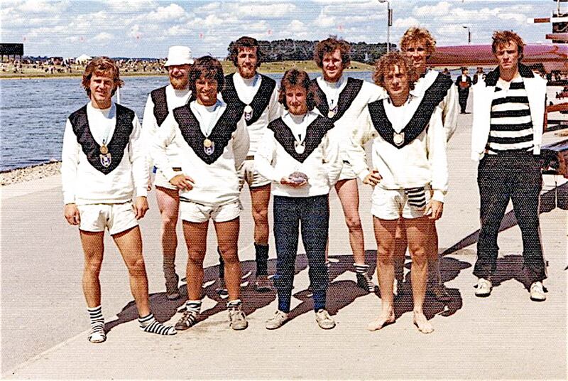 Winners at Nottingham. From front left, Dave Sanfey, Richard Scott, Jarlath and John, and behind, Big Mac, Kieran, Rory, Dave Weale, and a surly author refusing to conform to the dress code (or absent-mindedly not noticing what everyone else was wearing). The elegant footwear worn by all neatly encapsulates the era.