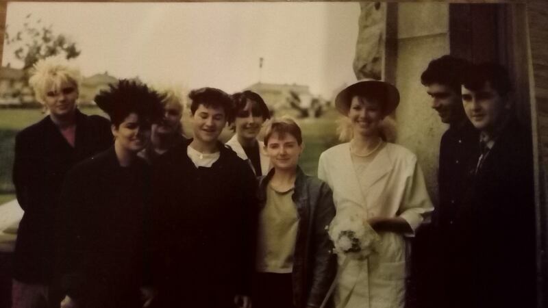 Geraldine Quigley with friends on her wedding day in 1985
