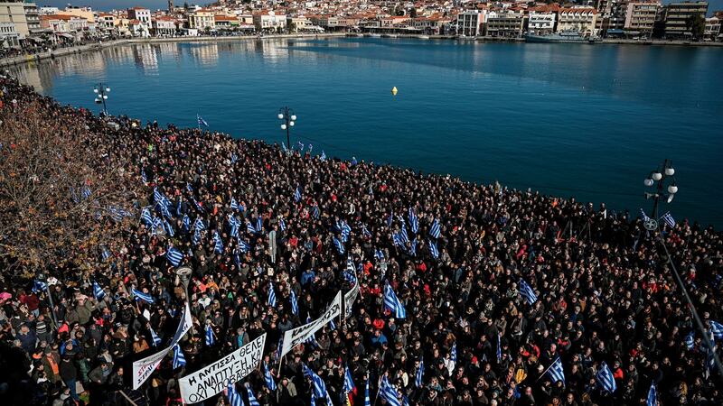 Residents of  Lesbos take part in a demonstration against migrant camps. Photograph: Aris Messinis/AFP via Getty