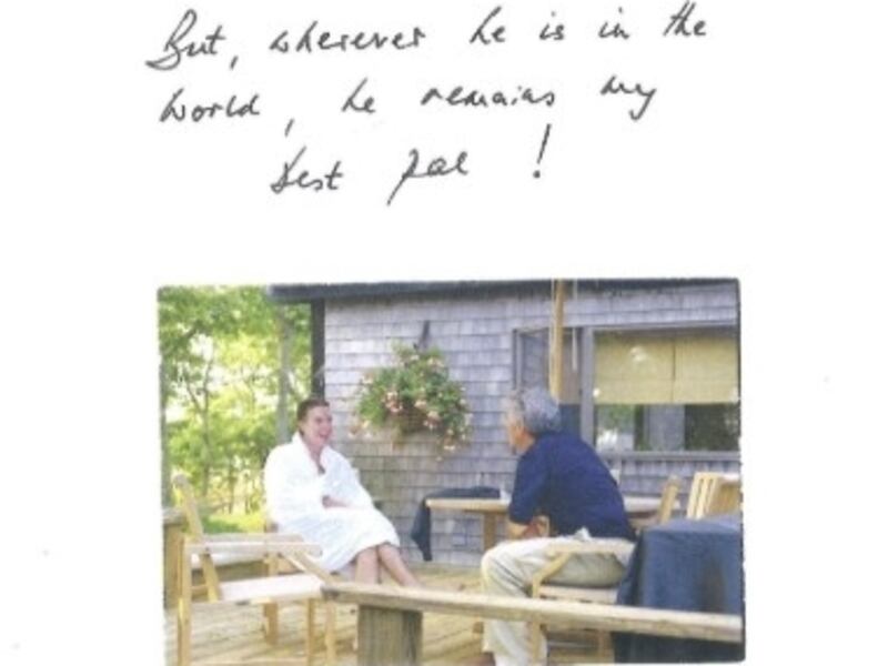 An extract from the 50th birthday album compiled in 2003 for Jeffrey Epstein, contributed by Peter Mandelson, which shows an image of the two together along with the message "But, wherever he is in the world, he remains my best pal!". Photograph: US Committee on Oversight and Government Reform/PA Wire