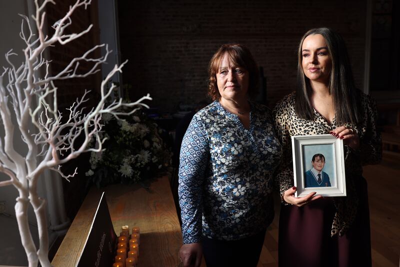 Jacinta McIntyre and her mother, Nina Browne, holding a photograph Sarah Browne (16) at an event to mark World Day of Remembrance for Road Traffic Victims. Photograph: Dara Mac Dónaill