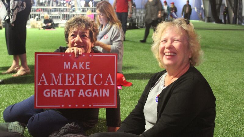 Nancy Scioli and Leona Moore of Delaware County, Pennsylvania waiting to hear Melania Trump speak. Photograph: Simon Carswell