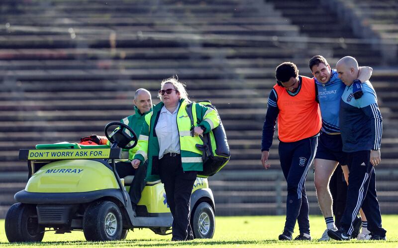 Westport's Lee Keegan leaves the pitch with an injury early in the Mayo SFC final in Castlebar. Photograph: Dan Clohessy/Inpho