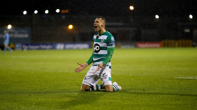 Shamrock Rovers’ Graham Burke celebrates scoring his fifth goal against Cork. Photograph: Tommy Dickson/Inpho