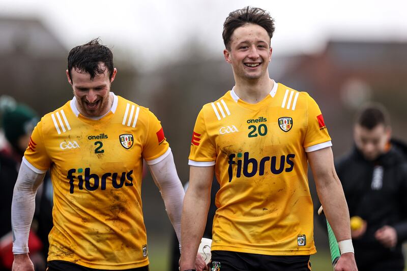Antrim's Paddy Burke and Paul Boyle after a match against Laois in 2023. Photograph: Ben Brady/Inpho