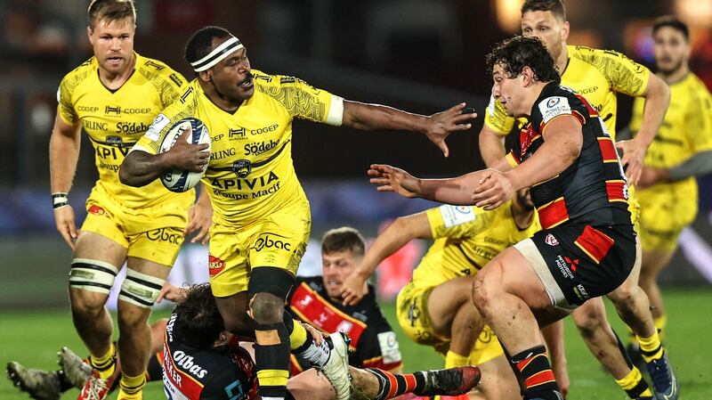 La Rochelle’s Levani Botia holds off the challenge  of Gloucester’s  Val Rapava-Ruskin during the Heineken Champions Cup round of 16 game at  Kingsholm Stadium. Photograph: Tommy Dickson/Inpho