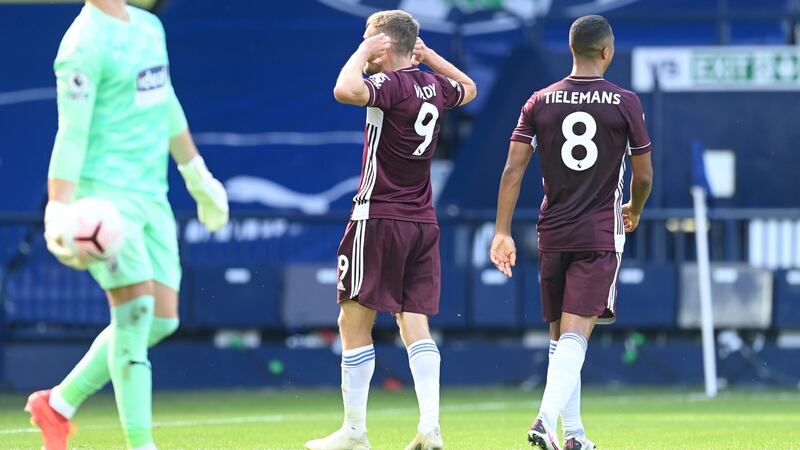 Jamie Vardy celebrates after scoring Leicester’s second from the penalty spot. Photograph: Michael Regan/Getty