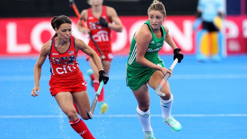 Ireland’s Gillian Pinder in action against USA’s Amanda Magadan. Photograph: Sean Dempsey/EPA