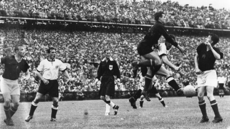 Max Morlock scores for West Germany against Hungary in the 1954 World Cup final. Photograph: Keystone/Getty