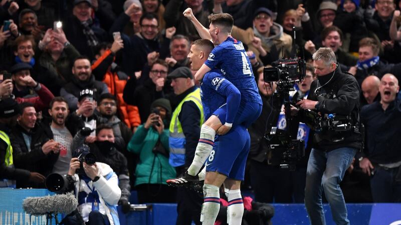 Ross Barkley of Chelsea celebrates with Billy Gilmour after scoring his side’s second goal during the FA Cup win over Liverpool. Photo: Shaun Botterill/Getty Images