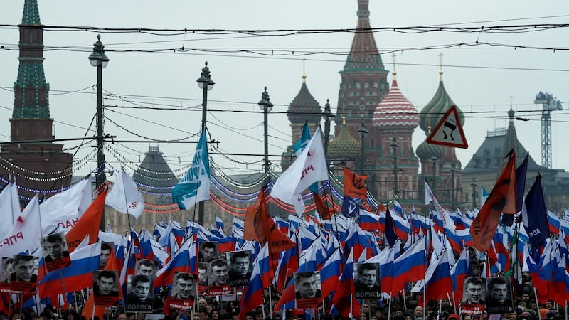 Opposition supporters marching in March 2015 in memory of murdered Kremlin critic Boris Nemtsov, who was murdered on February 27th, 2015. Photograph: Sergei Gapon/AFP/Getty Images.
