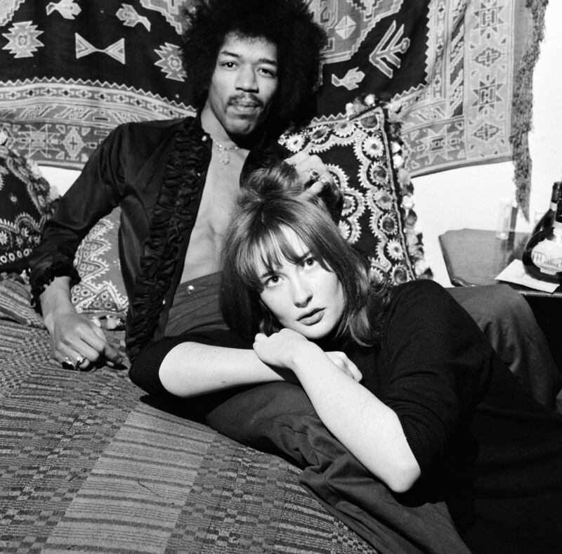 Jimi Hendrix with girlfriend Kathy Etchingham in his Mayfair flat in London, January 1969. Photograph: Eric Harlow/Mirrorpix/Getty Images.