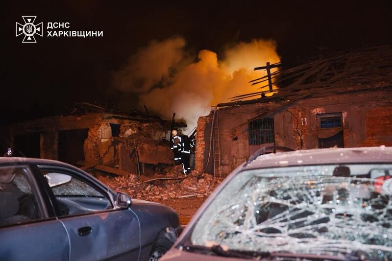 Rescue workers tackle the fire at a hospital damaged in a Russian strike in Kharkiv, Ukraine. Photograph: Ukrainian Emergency Service via AP
