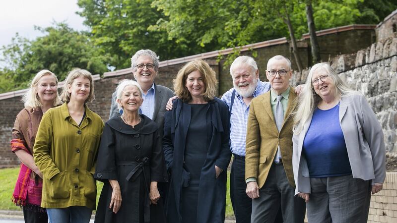 Noirin McKinney (Arts Council) and Prof Fran Brearton (Queen’s University Belfast), with poets Leontia Flynn, Paula Meehan, Gerry Dawe, Michael Longley, Ciaran Carson and current Ireland Chair of Poetry Eiléan Ní Chuilleanáin. Photograph: Brian Morrison