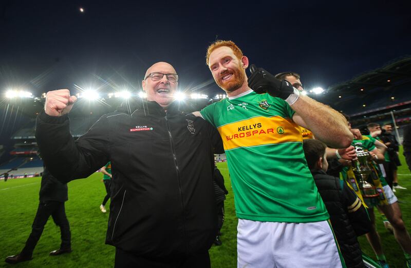 Glen manager Malachy O'Rourke and Conor Glass celebrate after defeating St Brigid's in the All-Ireland senior club championship final at Croke Park,. Photograph: Ryan Byrne/Inpho