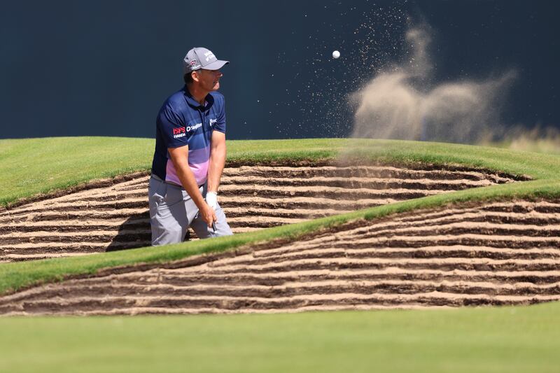 Pádraig Harrington of Ireland plays a shot from a bunker on the 18th hole during a practice round prior to the 151st Open at Royal Liverpool Golf Club in Hoylake on Wednesday. Photograph: Warren Little/Getty Images