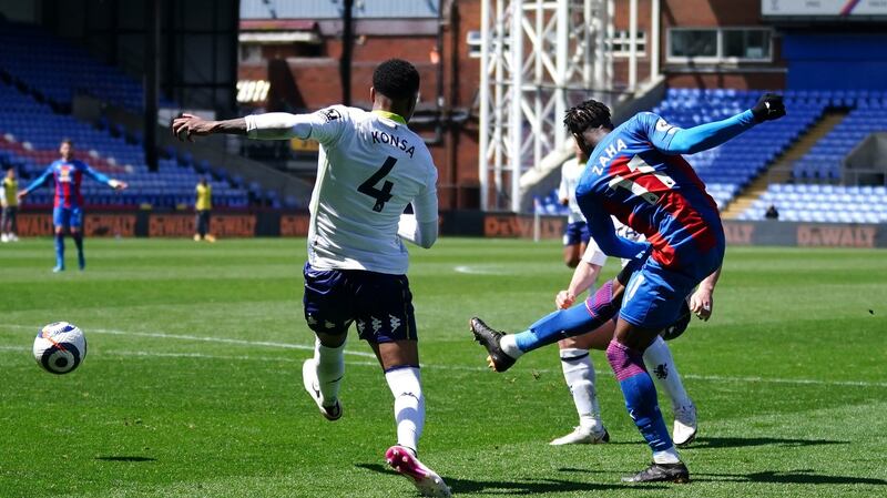 Wilfried Zaha scores Crystal Palace’s second against Aston Villa. Photograph: John Walton/PA