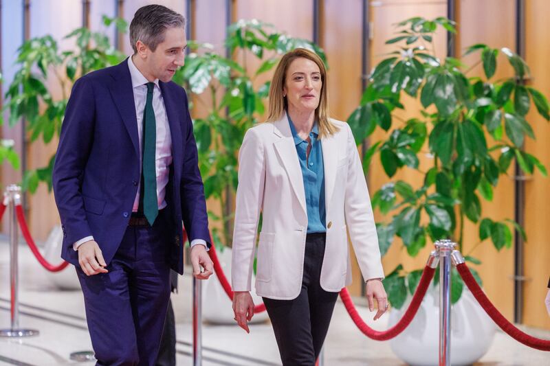 European Parliament president Roberta Metsola  welcomes Taoiseach Simon Harris to the European Parliament in Brussels, Belgium. Photograph: Olivier Matthys/EPA