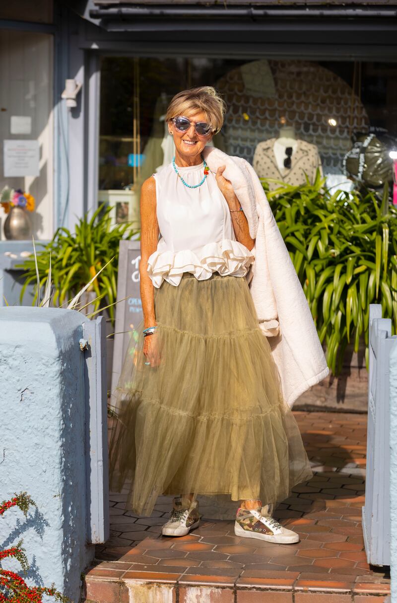 Noreen Fox models Gonna Tulle Skirt (€215), Blusa Top (€110), Cosie Coat (€150). Photograph: Patrick Browne