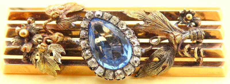 Matthews Auction Rooms: Fabergé brooch set with Russian sapphire and diamonds, listed at €6,000-€9,000.