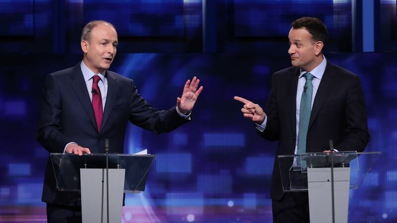 Fianna Fáil leader Micheal Martin and then Fine Gael leader Leo Varadkar during the final TV leaders’ debate at the RTÉ studios in Donnybrook, Dublin. Photograph: Niall Carson
