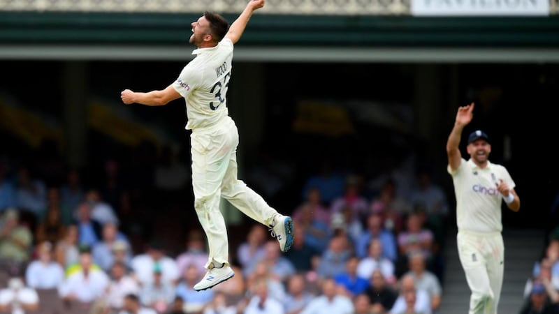Mark Wood  celebrates taking the wicket of Marnus Labuschagne. Photograph: Dan Himbrechts/EPA